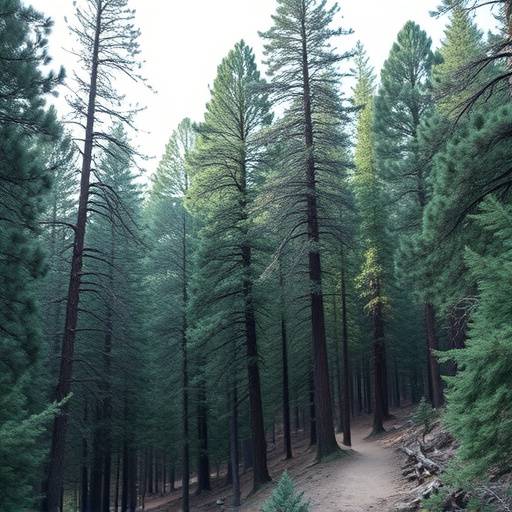 A dense forest landscape in the Angeles National Forest with tall trees and hiking trails.