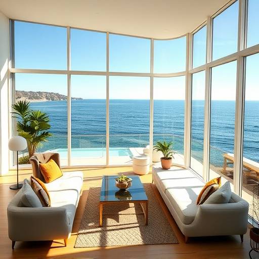 A luxurious Malibu beach house with floor-to-ceiling windows and ocean views.