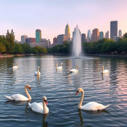 A picturesque view of Echo Park Lake with its swan boats, fountains, and the Los Angeles skyline in the background.