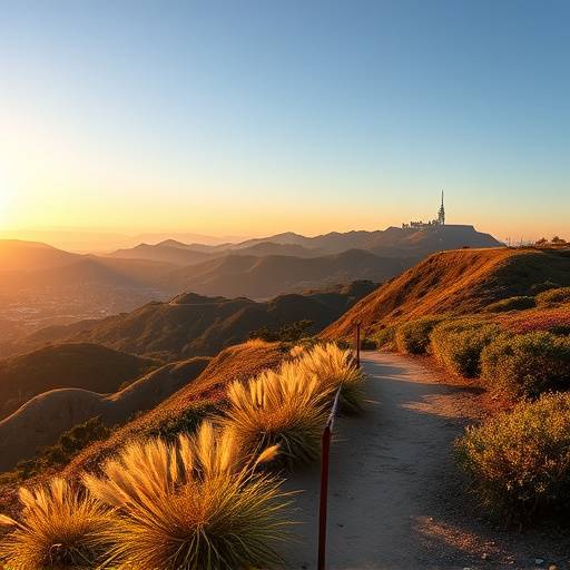 A scenic hiking trail winding through Griffith Park with the Hollywood sign in the background.