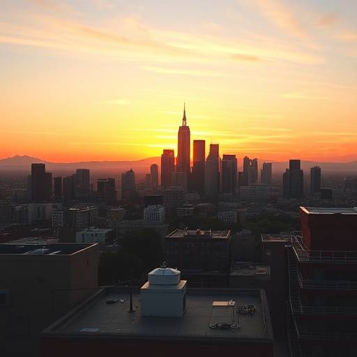 A stunning rooftop view overlooking the Downtown Los Angeles skyline at sunset.