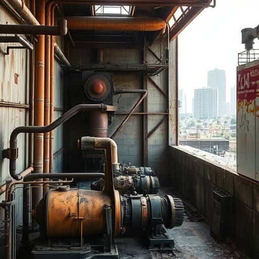 An abandoned factory in Downtown Los Angeles with rusted machinery and decaying walls.