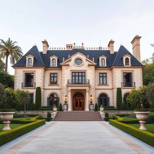 The exterior of the Greystone Mansion in Beverly Hills, featuring grand architecture and manicured gardens.