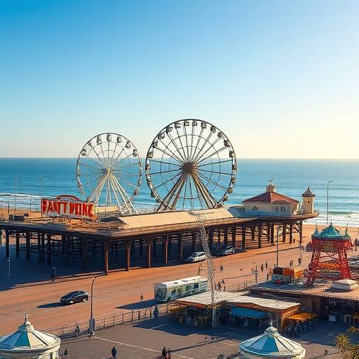The iconic Santa Monica Pier with its Ferris wheel, amusement park rides, and ocean views.