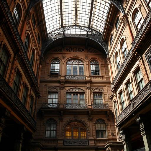 The ornate interior of the Bradbury Building in Downtown Los Angeles, with its intricate ironwork and skylit atrium.